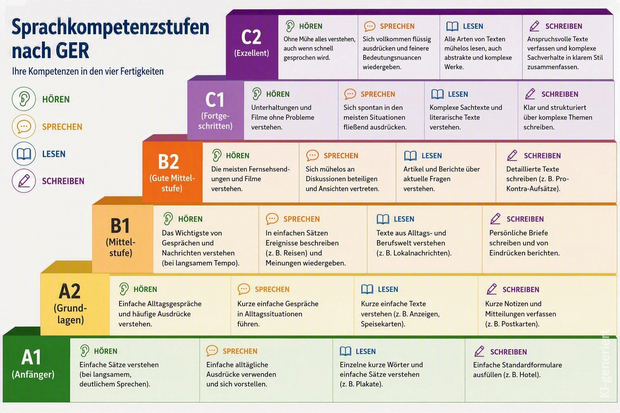 Grafik zeigt die einzelnen Niveaustufen als Treppe dargestellt